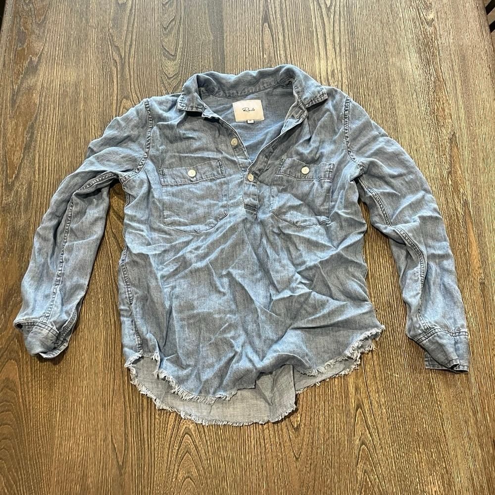 Rails Bowery Chambray Popover Shirt Fringe Hem Front Chest Pockets Blue Size XS